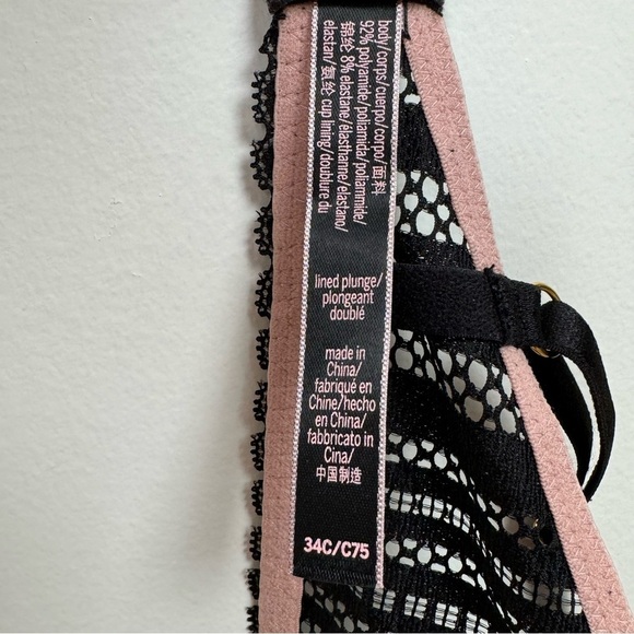 Victoria's Secret Luxe Plunge Bra Black Striped Lace + Pink Satin Underwire 34C - Picture 10 of 11